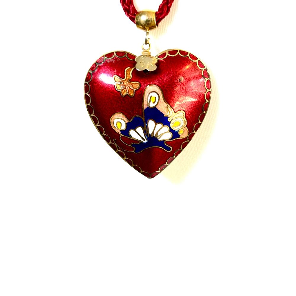 Vintage Red Cloisonné Puffy Heart Pendant Red Braided Cord Necklace - Picture 4 of 5